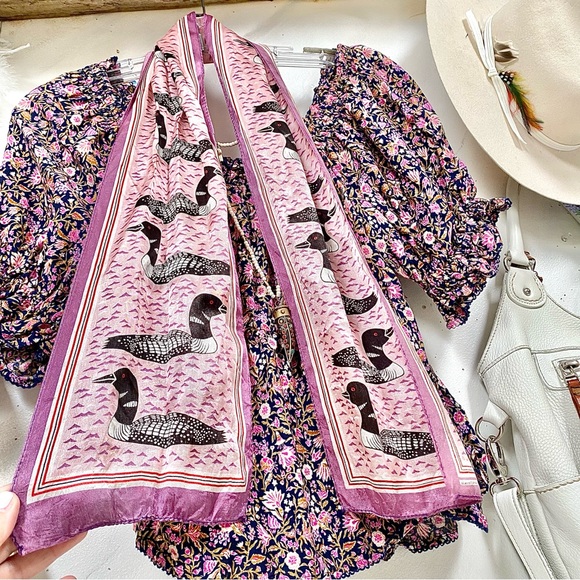 Rare Eleanor Paine Loon Printed vintage Scarf /wrap made in Japan w nature feel - Picture 2 of 14
